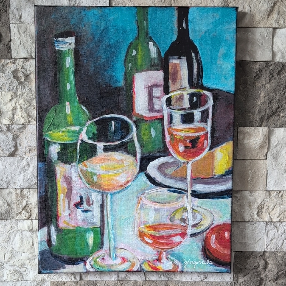 Colorful Wine Bottles & Glasses NEW Original Acrylic Stretched Canvas Painting